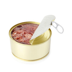 Canned meat in tin can isolated on white