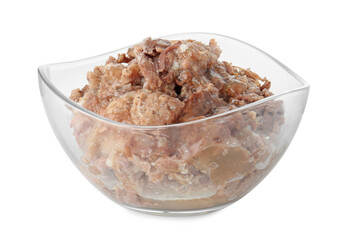 Canned meat in bowl isolated on white