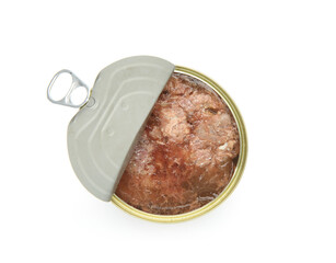 Canned meat in tin can isolated on white, top view