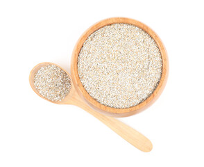 Rye bran in bowl and spoon isolated on white, top view