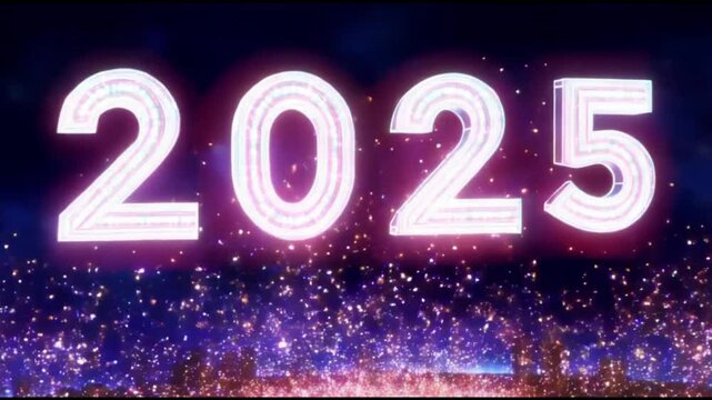 2025 appears as a futuristic logo with shimmering, holographic effects, gradually transforming from a series of glowing lines into solid, 3D digits. 