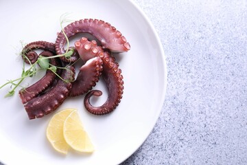 Appetizing octopus tentacles on grey table, top view