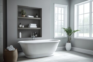 Fototapeta premium A modern bathroom with an elevated tub, recessed shelves, and a soothing palette of soft grays.
