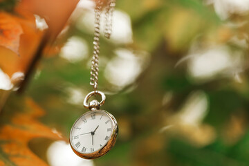 Autumn time. Chain watch on blurred background, closeup with space for text