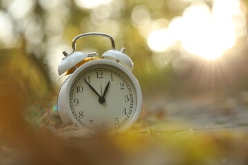 Autumn time. Alarm clock and fallen leaves on pathway in park, closeup with space for text