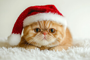 Cat in a Christmas mood, wearing a Santa hat. Christmas decorations