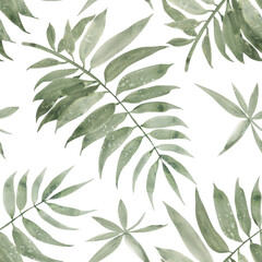 Watercolor bamboo tropical tree palm leaves branches illustration. Seamless pattern on white background. Hand-painted. Floral elements, palm leaf. For print, bags, fabric, design, textile decor, card