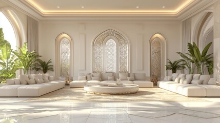 Luxurious Modern Arabian Islamic Living Room Interior Design with Plush Sofas and Artistic Wall Decor - 3D Render