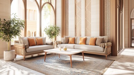 Luxurious Modern-Arabian Islamic Interior Design in 3D Render Showing Vibrant Contemporary Family Space with Open Layout and Artistic Decor