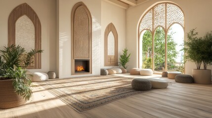 Luxurious Modern Arabian Islamic Living Room with Decorative Fireplace and Artistic Accents | 3D Render Interior Design