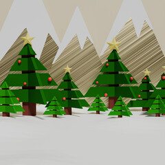 3D Christmas Tree Set in a Snowy Winter Landscape