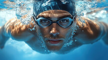 Naklejka premium Focused swimmer underwater wearing goggles, professional athletic training, swimming action shot, competitive sport, fitness and strength, clear blue water motion photography
