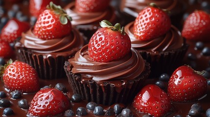 Close-up of chocolate cupcakes with strawberries and blueberries, rich dessert decoration, gourmet sweet treats, indulgent food photography, decadent pastry, fresh berries