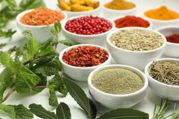 Different aromatic spices and herbs on white background, closeup