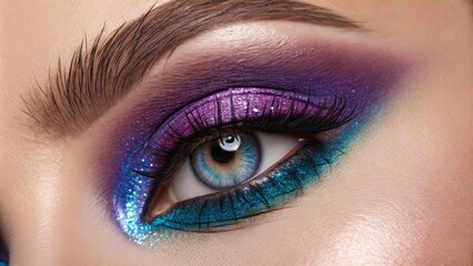 Obraz premium In this portrait an eye shines with a dazzling array of jewel tones including sapphire and ayst with a metallic finish. The vibrant hues and reflective glimmer lend an artistic