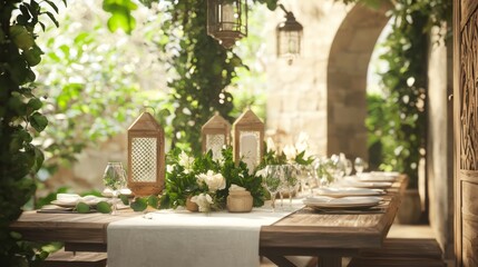 Luxurious Arabian Outdoor Dining Experience with Stylish Decor and Lush Greenery in 3D Rendered Artwork