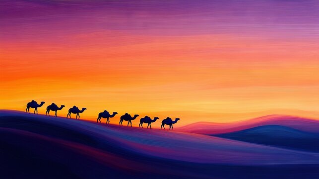   A stunning depiction of a camel group on a hill during sunset, with rolling hills in the backdrop