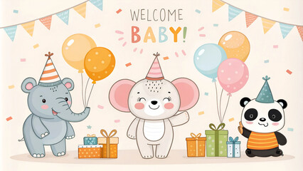 Naklejka premium Cute baby shower party celebration with adorable animal characters and balloons
