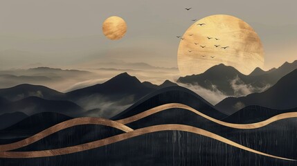 Fototapeta premium Abstract gold and black mountain landscape with celestial bodies and birds.