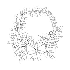 Christmas wreath with bow. Happy New Year and Merry Christmas! New Year illustration for different uses. Vector