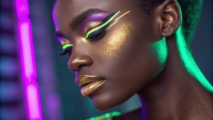 Golden Elegance A closeup portrait captures lavish gold pigment on her eyelids and perfectly accentuated by bold purple and green neon hues giving her a futuristic ethereal look.