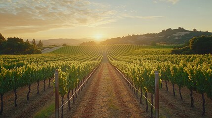 Naklejka premium Beautiful Sunset Over a Vineyard in the Countryside With Rows of Green Grapevines Stretching Towards the Horizon