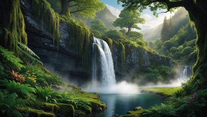 Fototapeta premium Lush Waterfall in Tropical Forest