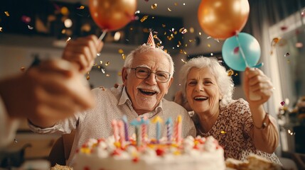 Happy senior couple celebrating birthday with cake and balloons