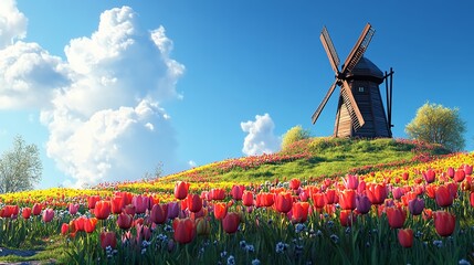 Vibrant Tulip Field With a Classic Windmill Under a Bright Blue Sky During a Sunny Day
