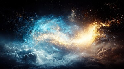  A vibrant blue-yellow vortex in a dark sky dotted with white clouds, surrounded by a radiant yellow sun