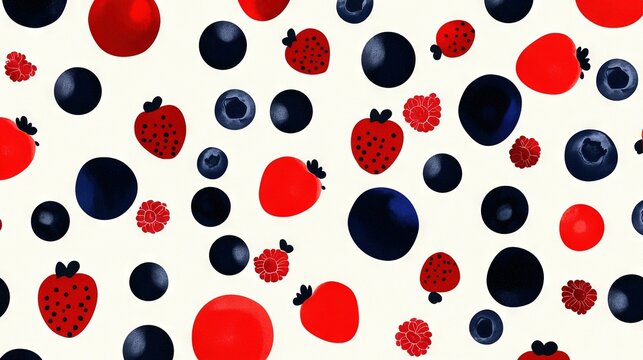  Red, blue, and black polka dots on a white background with strawberries on the left side of the image