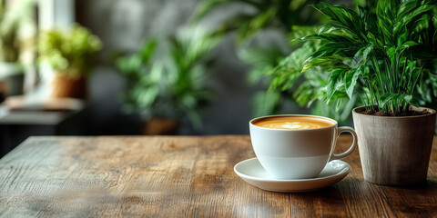Cappuccino on Wooden Table
A close-up of a cup of latte art on a wooden table. The foam is crafted into a heart shape, with coffee beans and glasses subtly decorating the scene