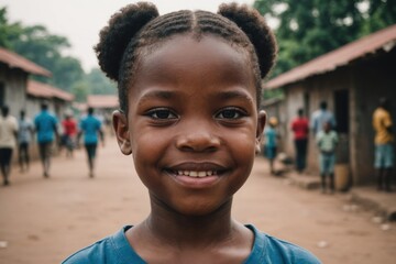 Fototapeta premium Close portrait of a smiling Congolese female kid looking at the camera, Congolese outdoors blurred background