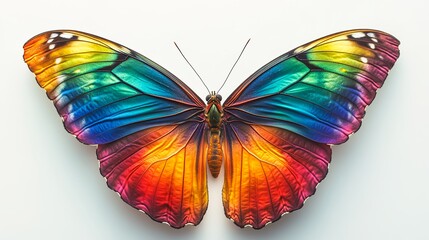 Colorful Butterfly With Vibrant Hues of Blue, Green, Yellow, and Orange Displayed Against a White Background
