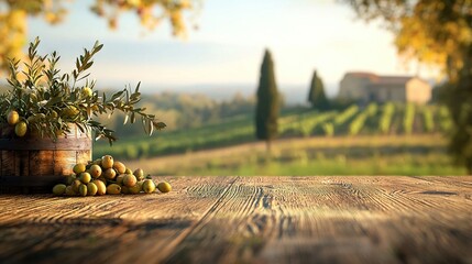   A wooden table with a potted plant next to a wooden barrel filled with olives in a field