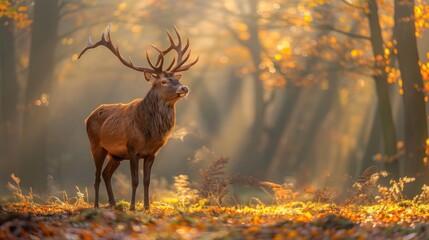 A majestic stag stands in a sunlit forest during autumn, surrounded by colorful foliage.