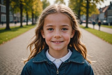Close portrait of a smiling Dutch female kid looking at the camera, Dutch outdoors blurred background