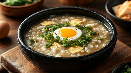 Delicious Bowl of Egg and Rice Porridge Served With Green Onions and Crispy Toppings at a Cozy Dining Table
