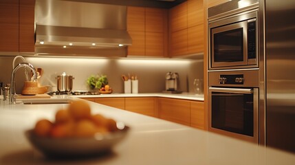 Modern Kitchen With Stainless Steel Appliances and Warm Wooden Cabinetry During Evening Cooking Preparation