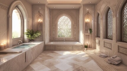 Opulent Arabian-Inspired Spa Bathroom with Marble Tub | 3D Rendered Luxurious Interior Design Creation