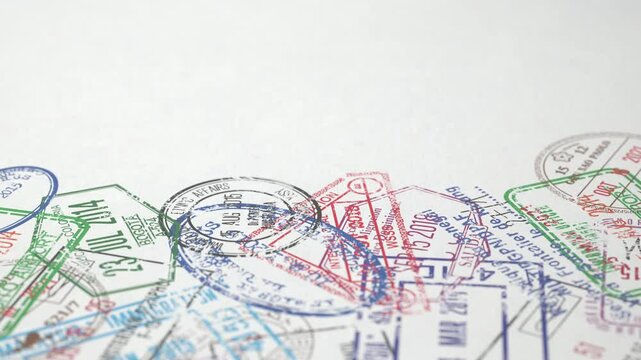 Passport visa stamps of various countries. Travel, tourism 3d animation