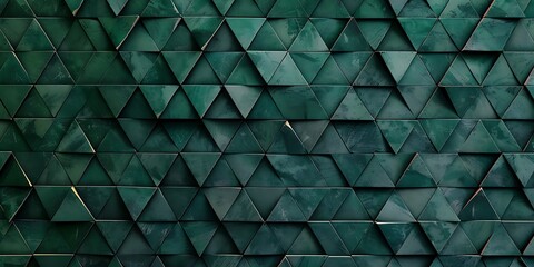 Abstract triangular dark green mosaic tile pattern, with varying shades of deep green, creating a textured, geometric design evoking modern style and natural aesthetics