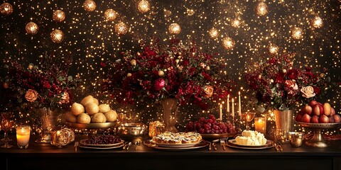 Elegant Festive Table Display With Rich Floral Arrangements and Delectable Desserts Set Against a Sparkling Backdrop
