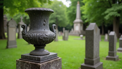 Ornate stone urn in historic cemetery surrounded by gravestones