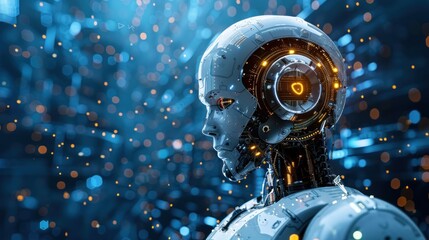 Futuristic robot head profile, glowing internal components, digital background.