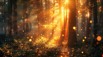 Magical sunrise in a misty forest with golden light and particles.