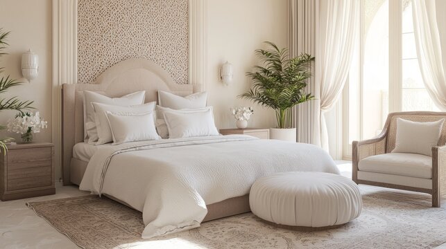 Luxurious Arabian Inspired Guest Room Interior Design with Plush Bedding and Traditional Textiles in 3D Render