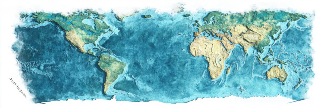 World Map Featuring Indonesia in the Center, Highlighting Geographical and Relief Details on a White Background