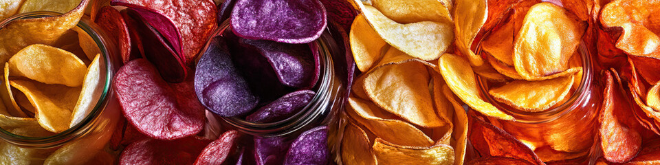 Fototapeta premium A colorful arrangement of crispy potato chips artfully arranged in a mason jar.