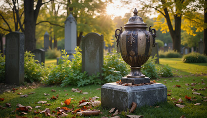 Naklejka premium Ornate urn on pedestal in tranquil cemetery at sunset